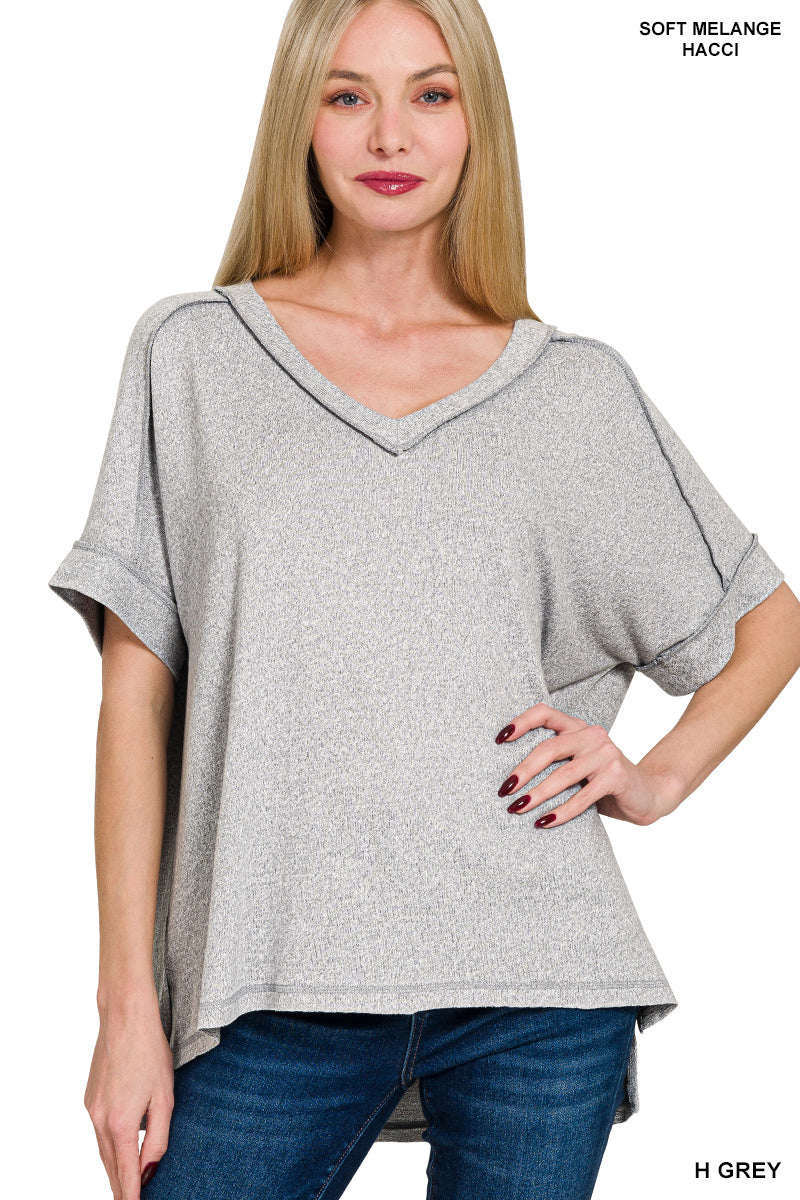 Soft Melange Hacci V-Neck Short Sleeve Hi-Low Tee